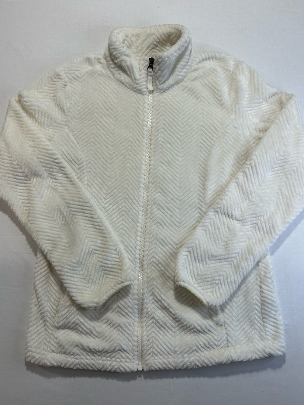 Free2B Butter Pile Fleece Jacket Cream Chevron Textured Full Zip Cozy Size S